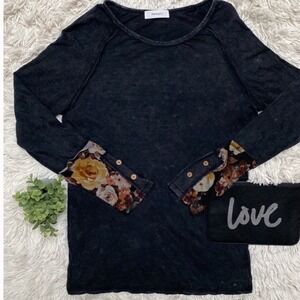 Hailey & Co Black Mineral Wash Floral Cuff Long Sleeve Top